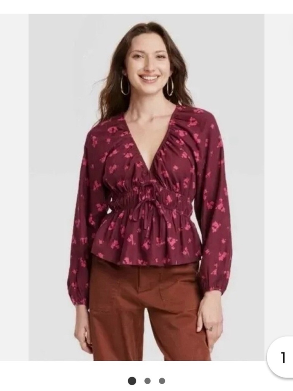 Universal Thread Burgundy Floral V-Neck Peplum Blouse